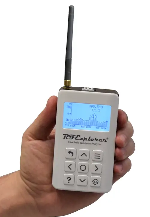 RF Explorer PLUS on hand with antenna